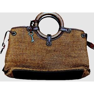 Fossil Woven Handbag Satchel Brown w Leather Trim Wooden Handle Boho Key Charm